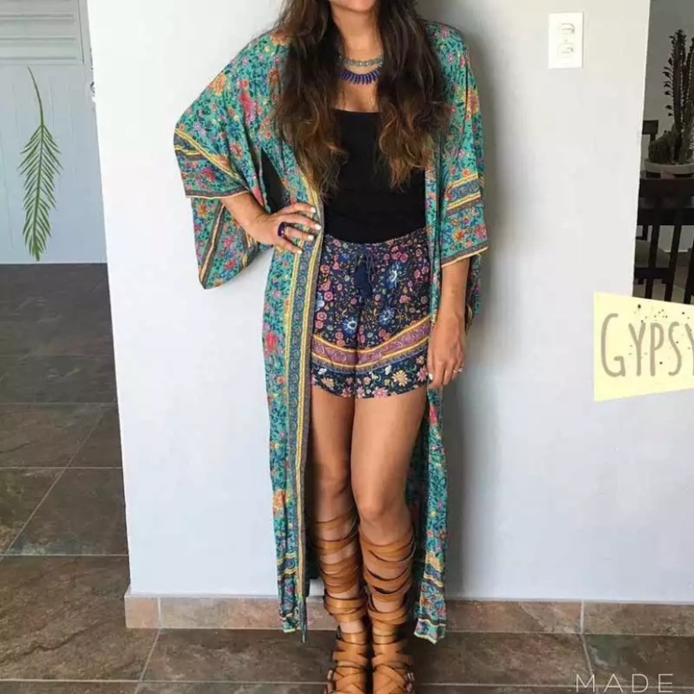 Boho Turquoise Floral Kimono Duster Long Robe - Picture 2 of 9